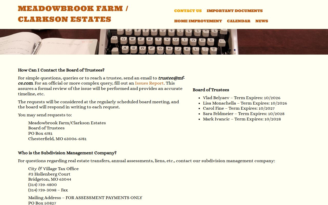 Chesterfield neighbors Meadowbrook Farm and Clarkson Estates contact page