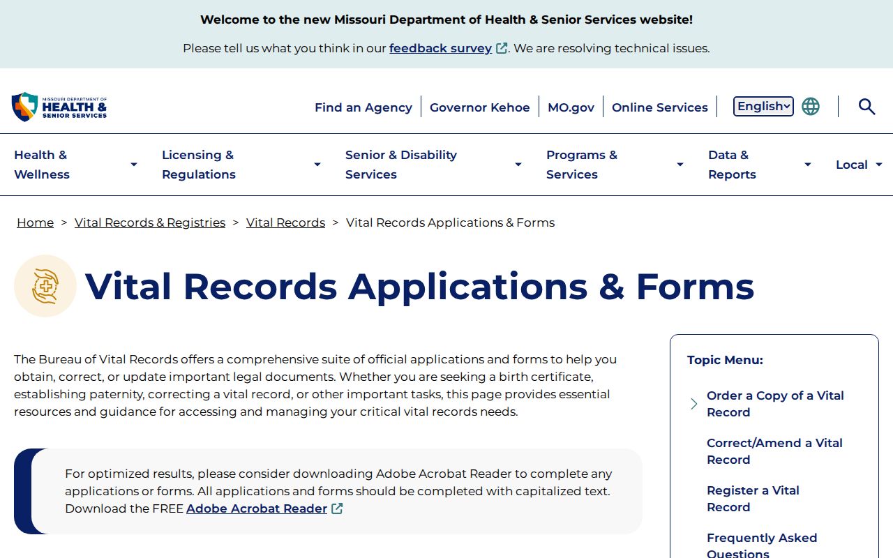 Chesterfield resident lookup Missouri DHSS vital record forms